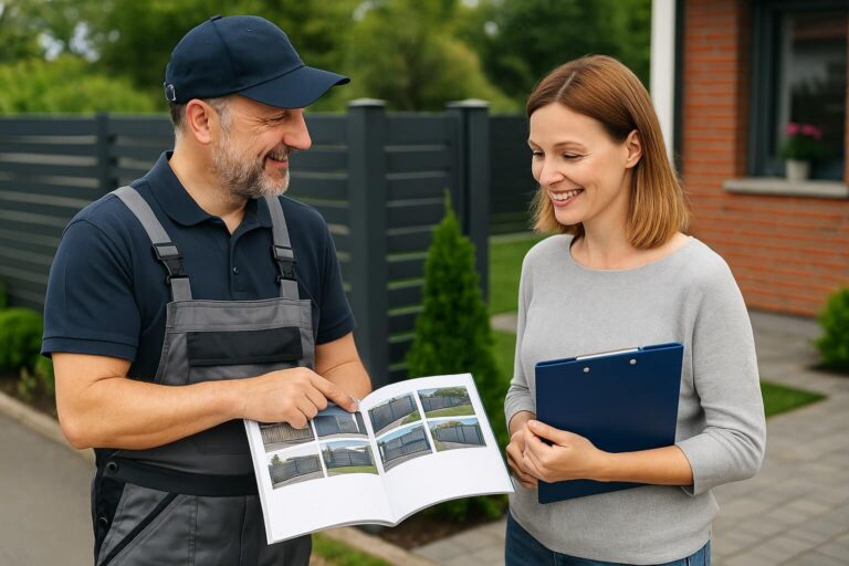 Beratungsgespräch zwischen Monteur und Kundin vor einem modernen Gartenzaun in Darmstadt
