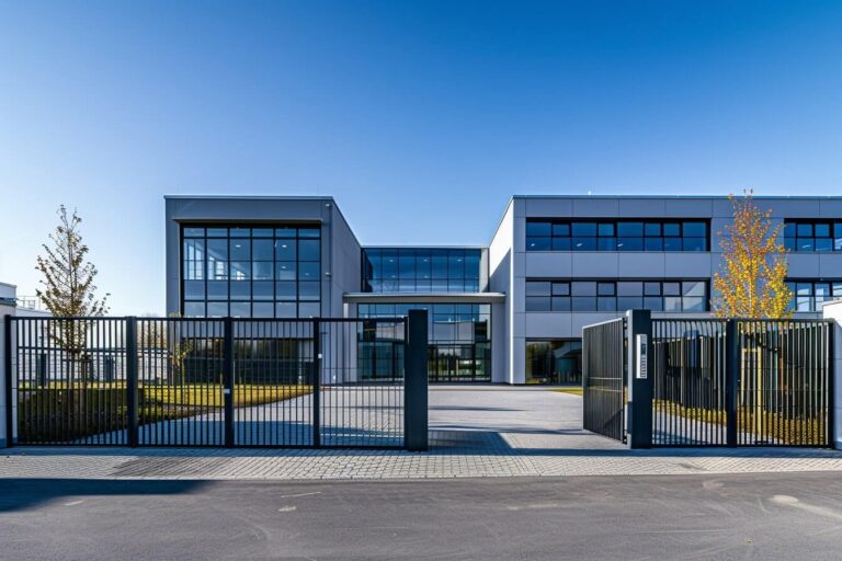 Moderner Sicherheitszaun mit Schiebetor an Gewerbeobjekt in Würzburg