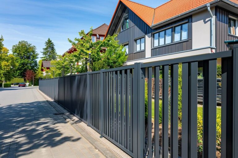 Moderner anthrazitfarbener Gartenzaun vor Einfamilienhaus in Hanau