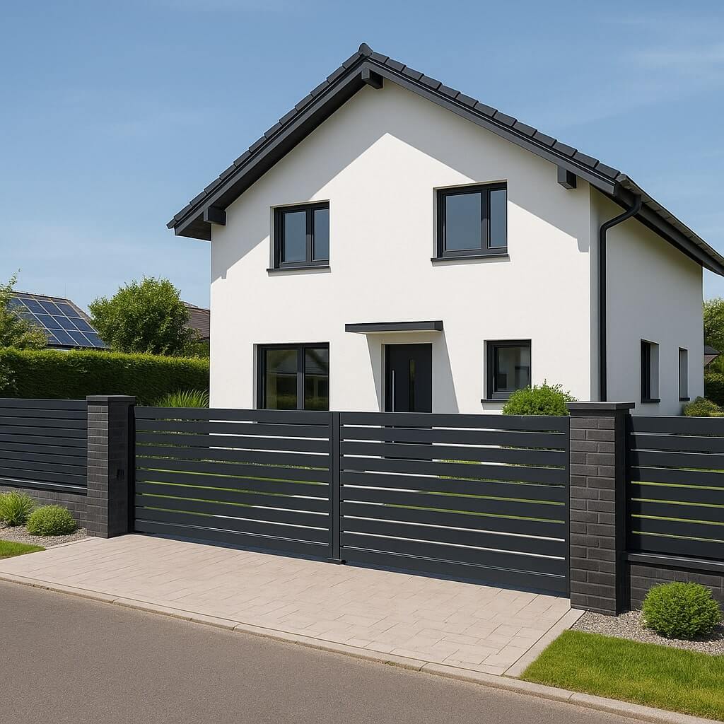 Lamellenzaun im Garten eines Privathaushaltes