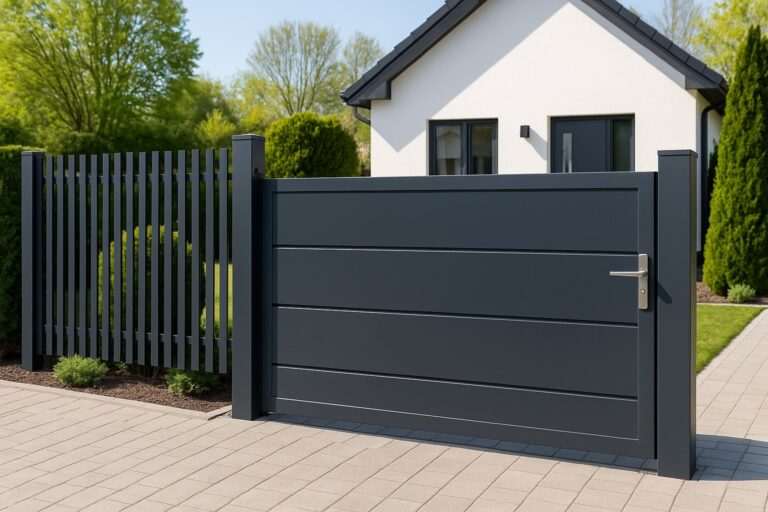 Moderner dunkelgrauer Zaun mit passendem Tor vor einem weißen Einfamilienhaus und gepflegtem Garten in Darmstadt