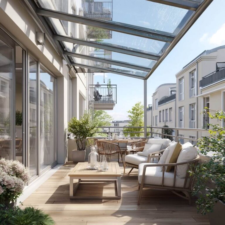Moderne Terrassenüberdachung und Balkongeländer an einem Wohnhaus in Mannheim