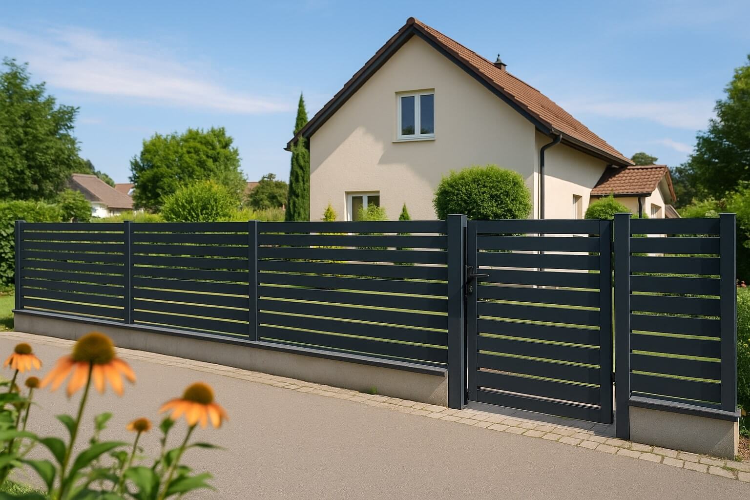 Lamellenzaun im Garten eines Privathaushaltes