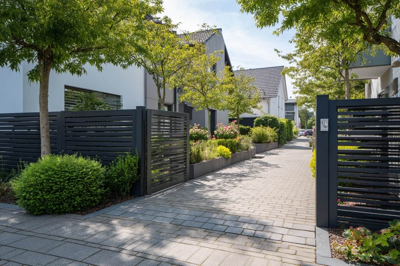 Lamellenzaun im Garten eines Privathaushaltes