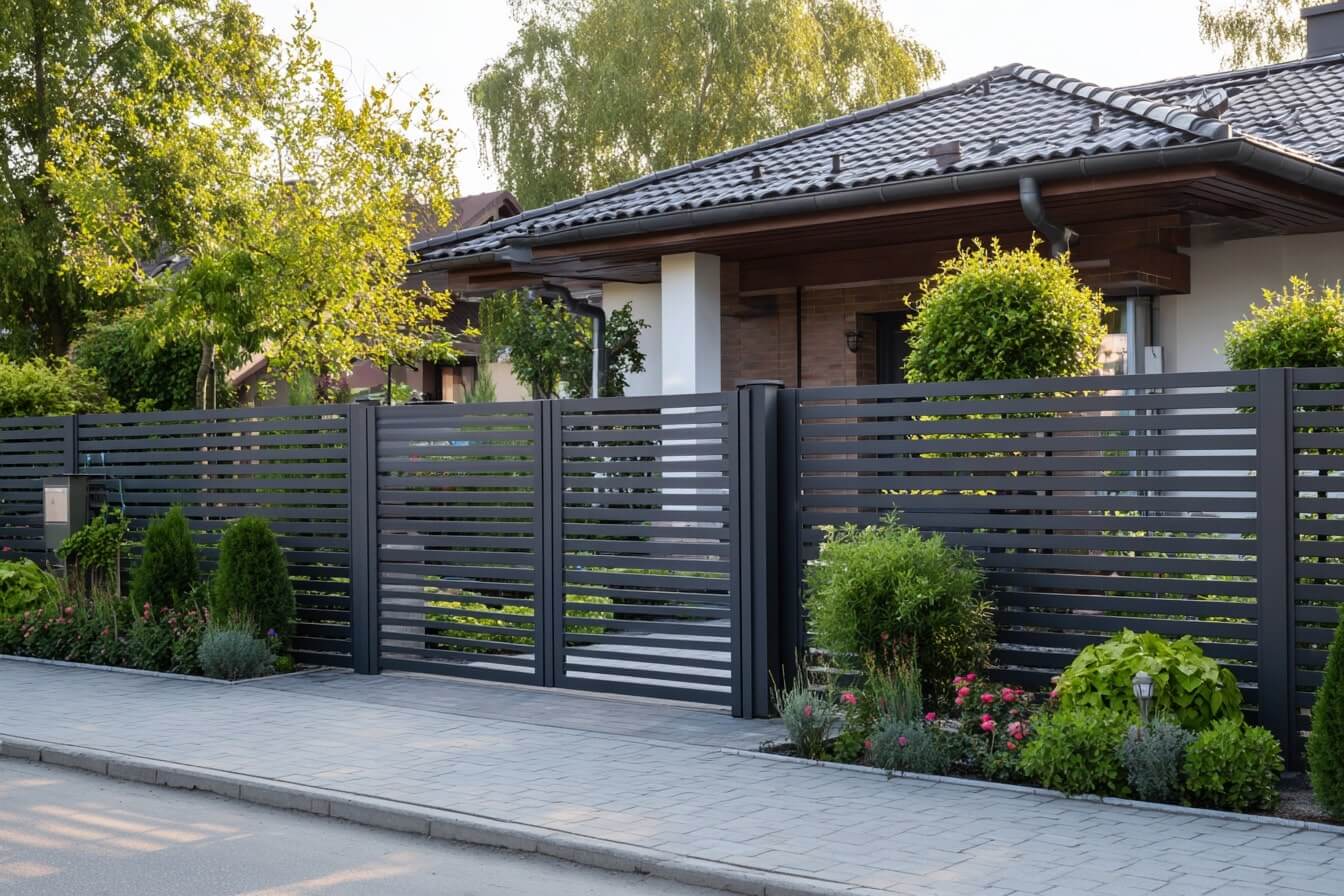 Lamellenzaun im Garten eines Privathaushaltes