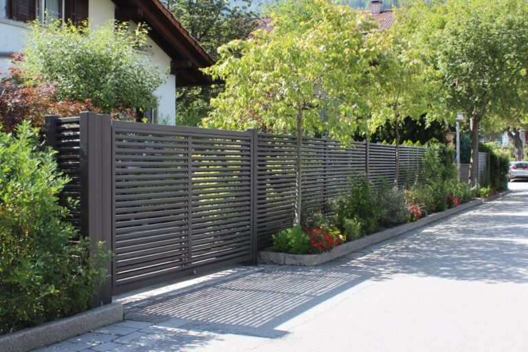 Moderner Sichtschutzzaun mit Tor in einem gepflegten Garten in Mainz
