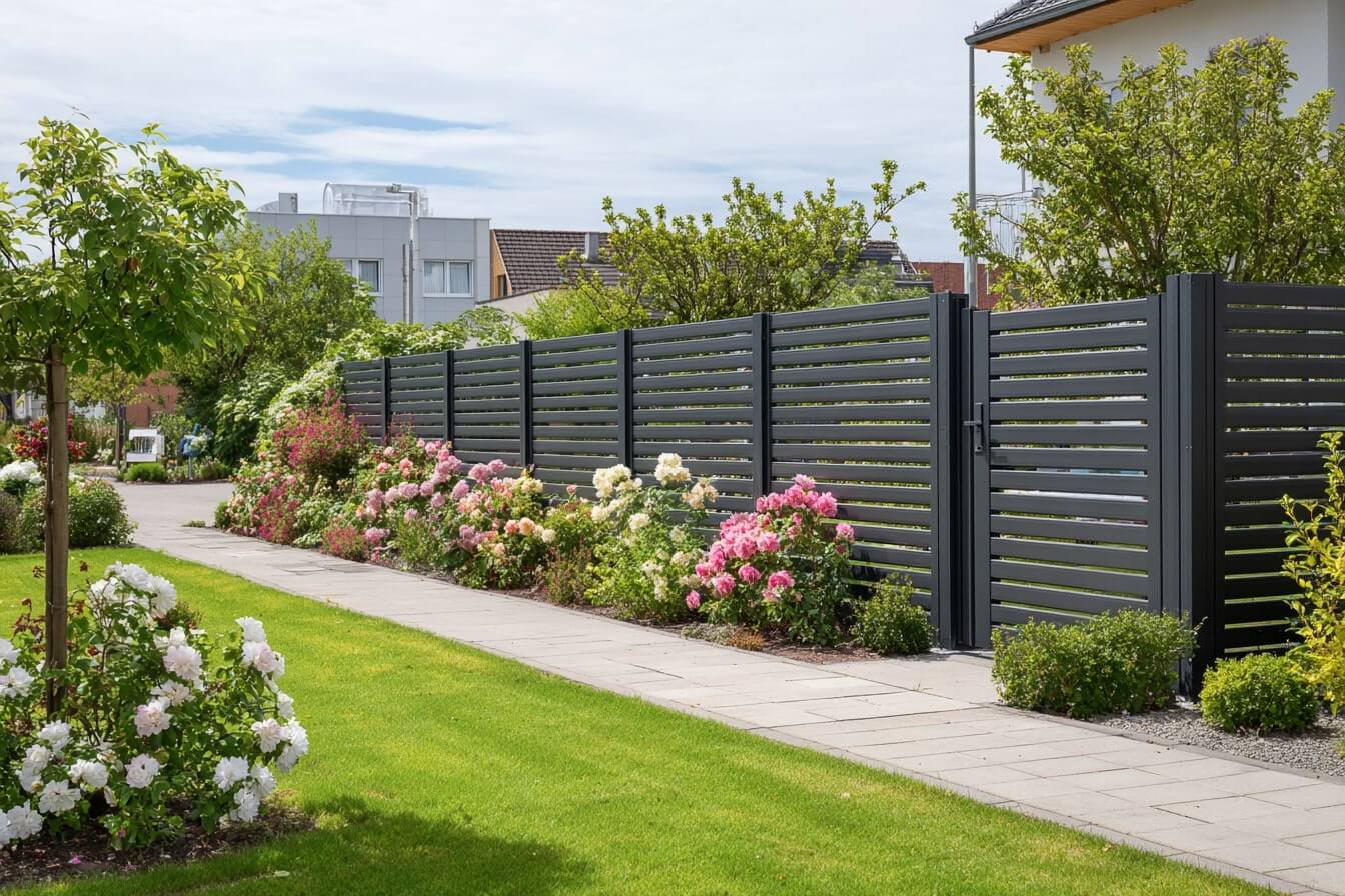 Lamellenzaun im Garten eines Privathaushaltes