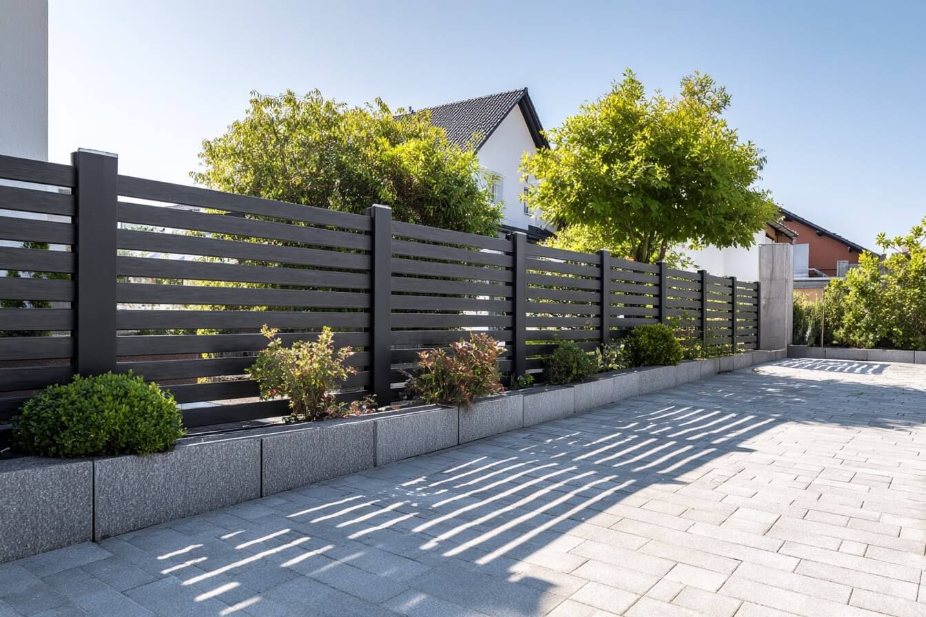 Lamellenzaun im Garten eines Privathaushaltes